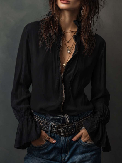 Women’s Zip Front Blouse | Flounce Sleeve