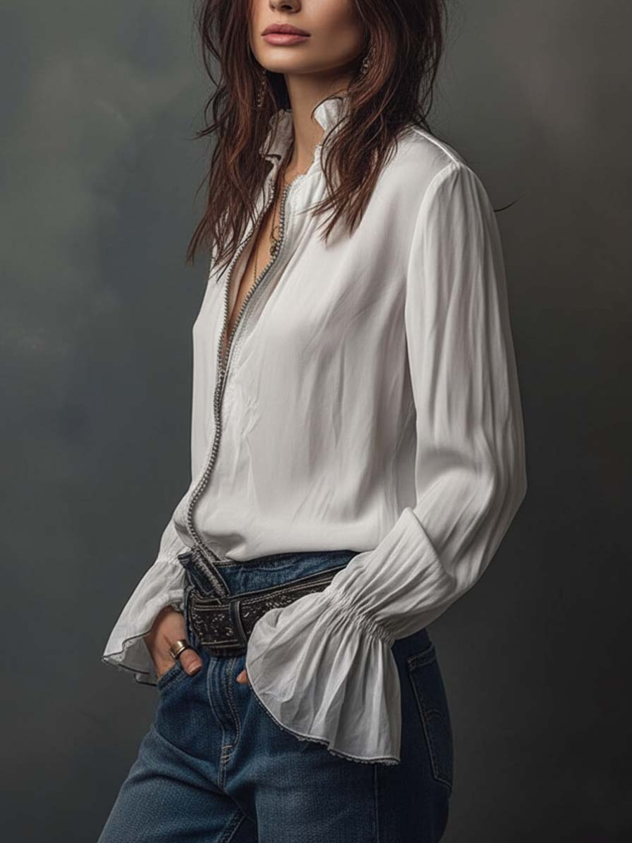 Women’s Zip Front Blouse | Flounce Sleeve