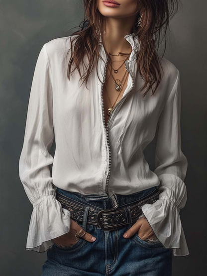 Women’s Zip Front Blouse | Flounce Sleeve