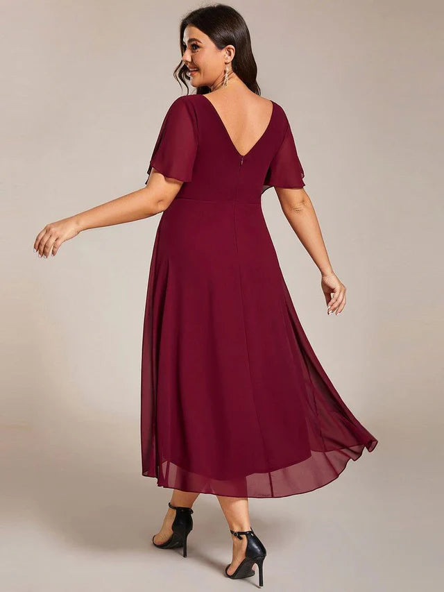 Plus Size Double V-Neck Chiffon Midi Wedding Guest Dress