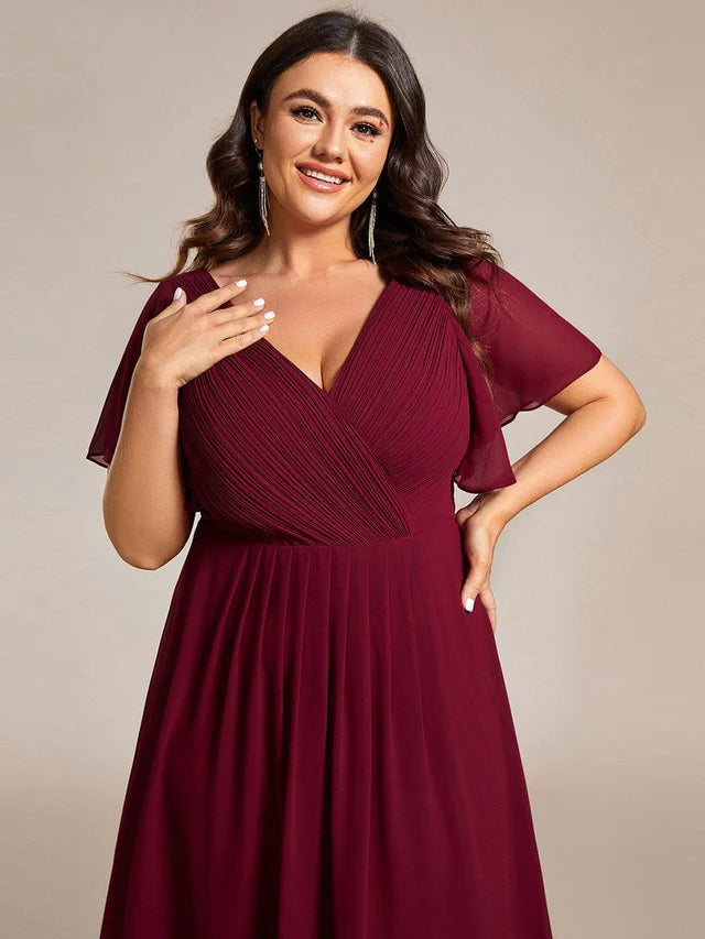 Plus Size Double V-Neck Chiffon Midi Wedding Guest Dress