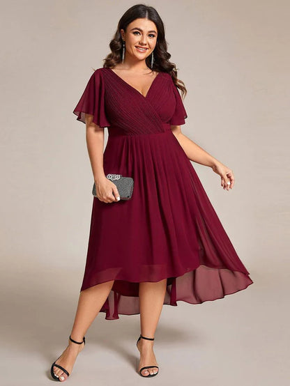 Plus Size Double V-Neck Chiffon Midi Wedding Guest Dress