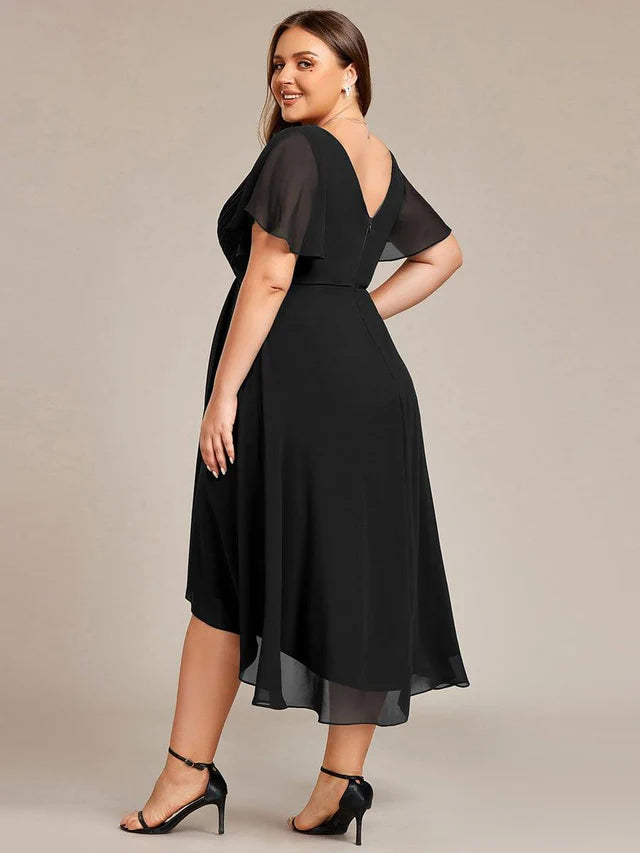 Plus Size Double V-Neck Chiffon Midi Wedding Guest Dress