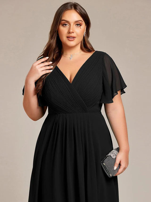 Plus Size Double V-Neck Chiffon Midi Wedding Guest Dress