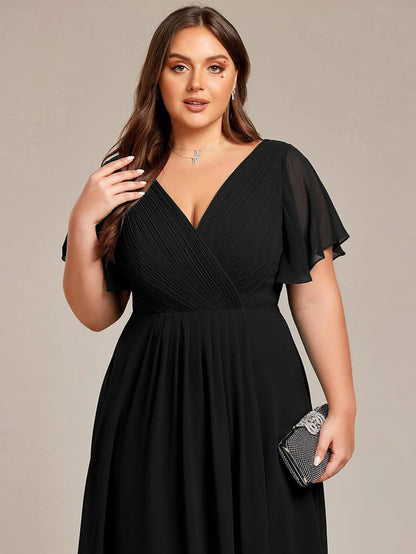 Plus Size Double V-Neck Chiffon Midi Wedding Guest Dress