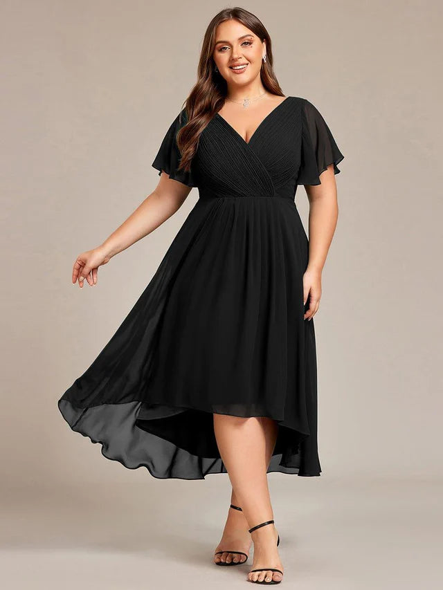 Plus Size Double V-Neck Chiffon Midi Wedding Guest Dress