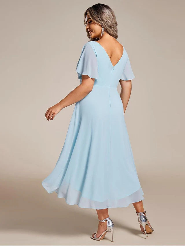 Plus Size Double V-Neck Chiffon Midi Wedding Guest Dress