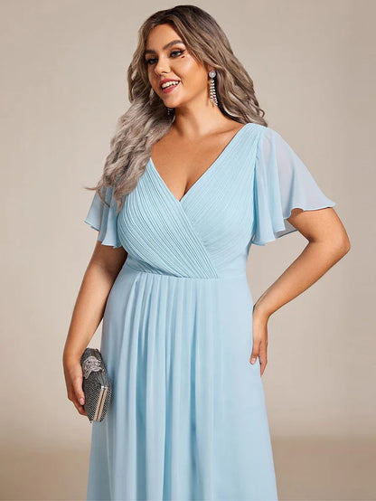 Plus Size Double V-Neck Chiffon Midi Wedding Guest Dress