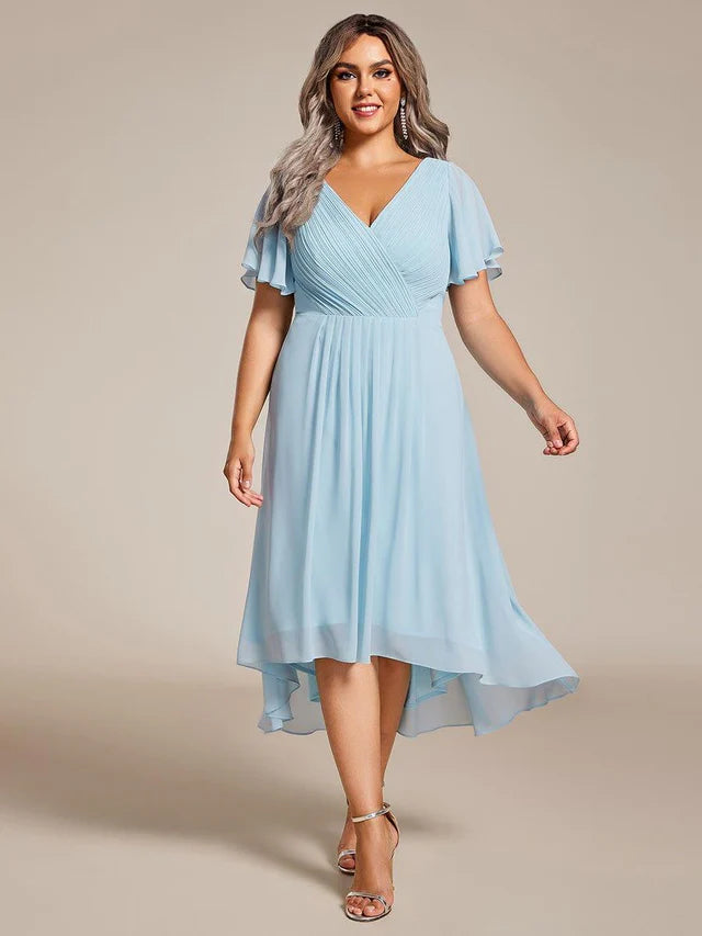 Plus Size Double V-Neck Chiffon Midi Wedding Guest Dress