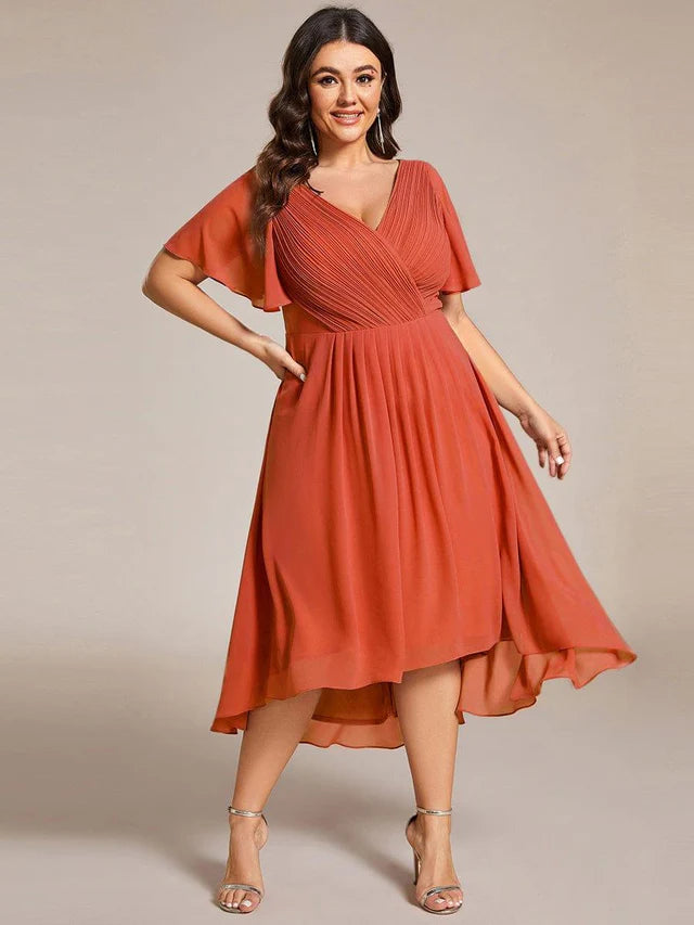 Plus Size Double V-Neck Chiffon Midi Wedding Guest Dress
