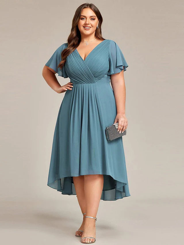 Plus Size Double V-Neck Chiffon Midi Wedding Guest Dress