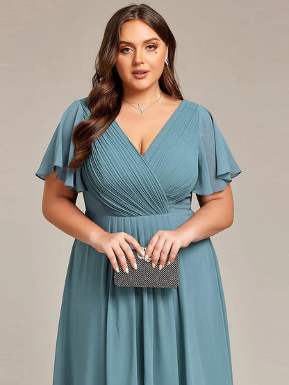 Plus Size Double V-Neck Chiffon Midi Wedding Guest Dress