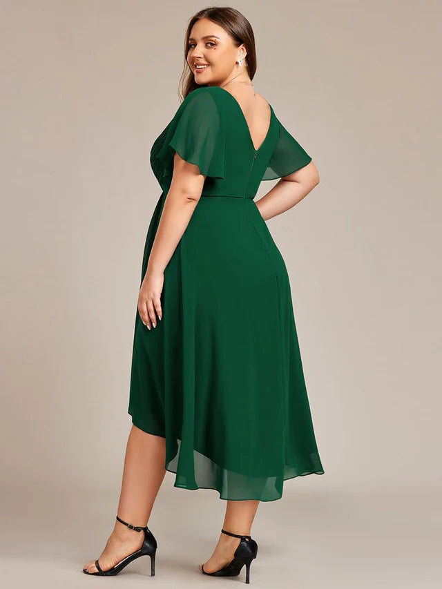 Plus Size Double V-Neck Chiffon Midi Wedding Guest Dress