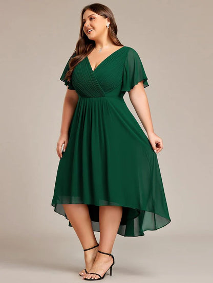 Plus Size Double V-Neck Chiffon Midi Wedding Guest Dress