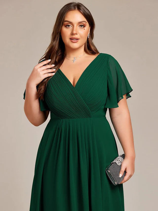 Plus Size Double V-Neck Chiffon Midi Wedding Guest Dress