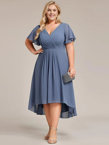 Plus Size Double V-Neck Chiffon Midi Wedding Guest Dress