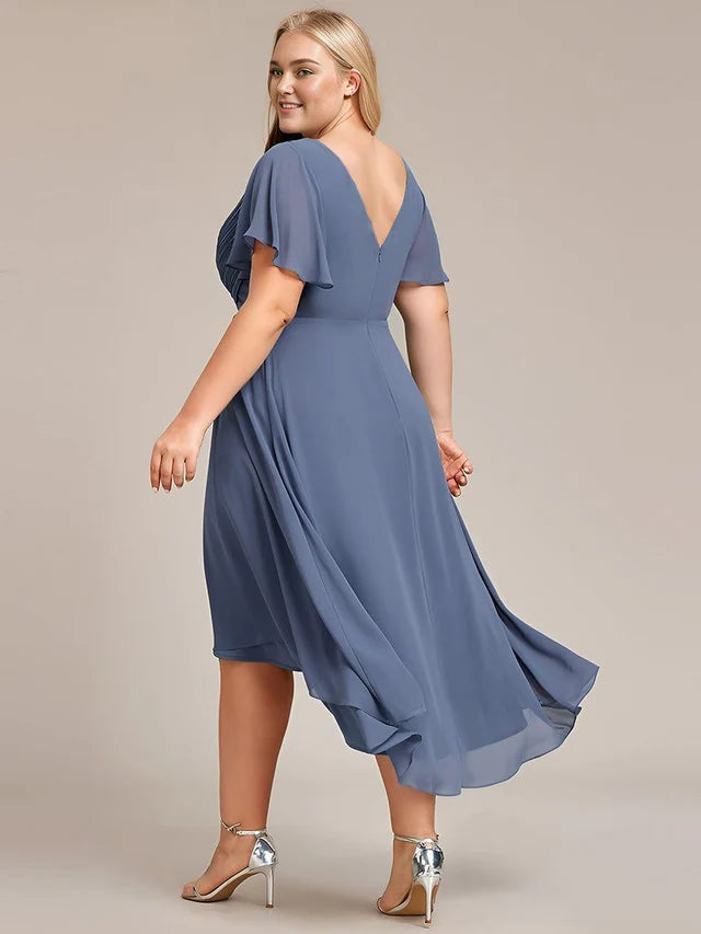 Plus Size Double V-Neck Chiffon Midi Wedding Guest Dress