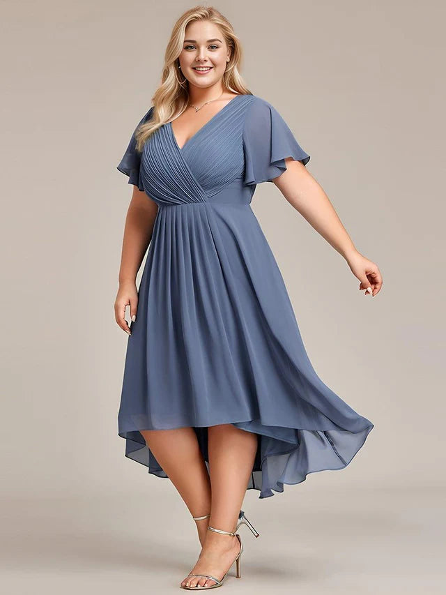 Plus Size Double V-Neck Chiffon Midi Wedding Guest Dress