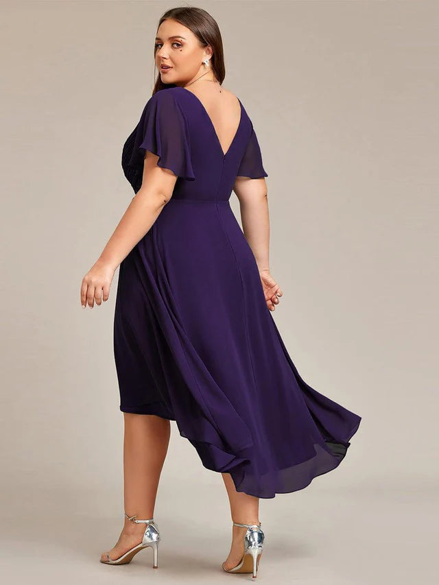 Plus Size Double V-Neck Chiffon Midi Wedding Guest Dress