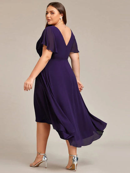 Plus Size Double V-Neck Chiffon Midi Wedding Guest Dress