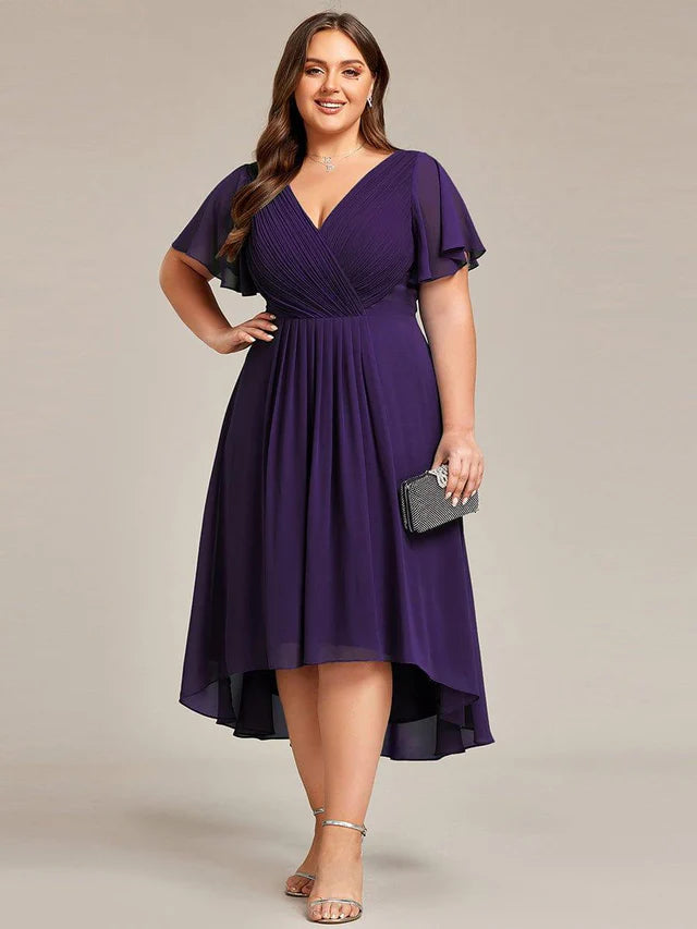 Plus Size Double V-Neck Chiffon Midi Wedding Guest Dress