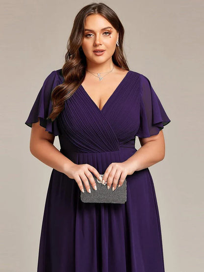 Plus Size Double V-Neck Chiffon Midi Wedding Guest Dress
