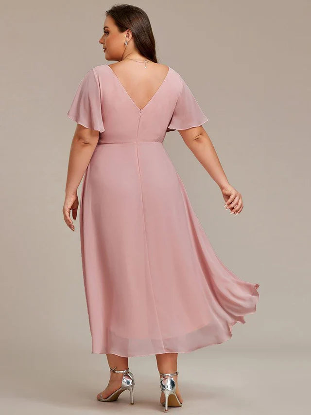 Plus Size Double V-Neck Chiffon Midi Wedding Guest Dress