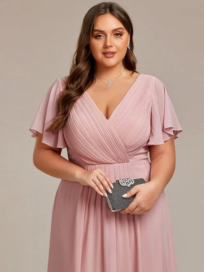 Plus Size Double V-Neck Chiffon Midi Wedding Guest Dress