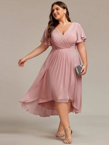 Plus Size Double V-Neck Chiffon Midi Wedding Guest Dress