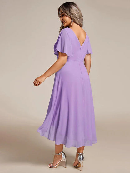 Plus Size Double V-Neck Chiffon Midi Wedding Guest Dress
