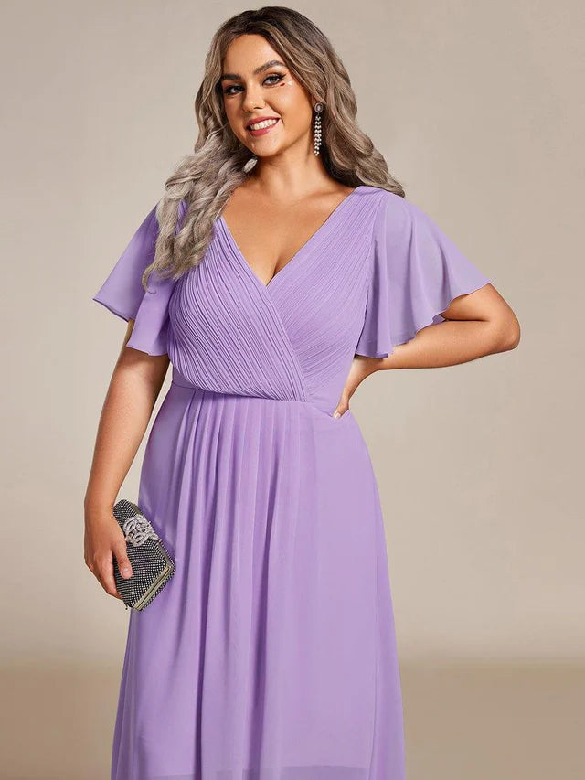 Plus Size Double V-Neck Chiffon Midi Wedding Guest Dress