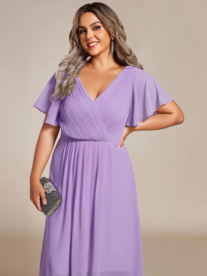 Plus Size Double V-Neck Chiffon Midi Wedding Guest Dress