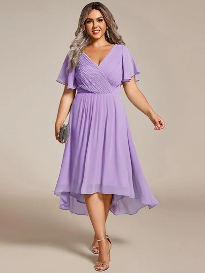 Plus Size Double V-Neck Chiffon Midi Wedding Guest Dress