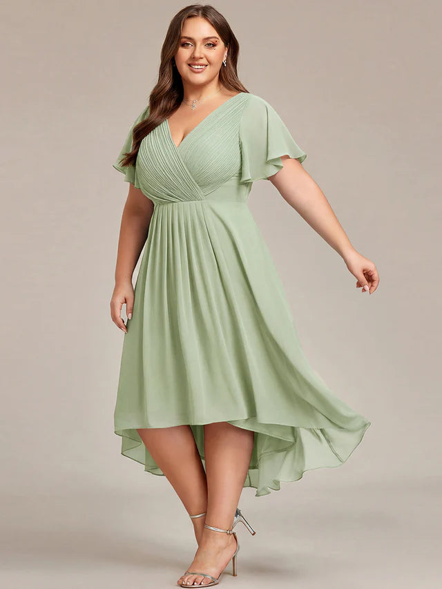 Plus Size Double V-Neck Chiffon Midi Wedding Guest Dress