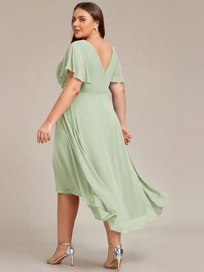 Plus Size Double V-Neck Chiffon Midi Wedding Guest Dress