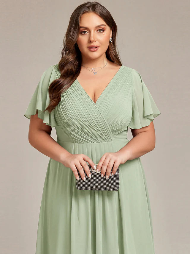 Plus Size Double V-Neck Chiffon Midi Wedding Guest Dress
