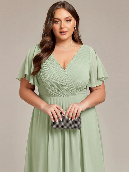 Plus Size Double V-Neck Chiffon Midi Wedding Guest Dress