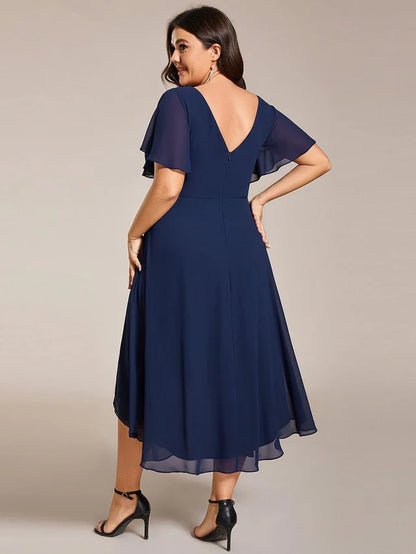 Plus Size Double V-Neck Chiffon Midi Wedding Guest Dress