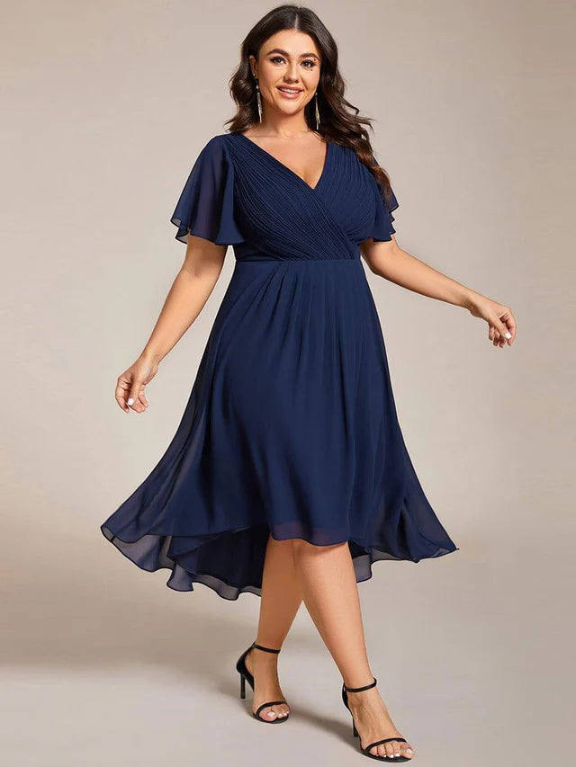 Plus Size Double V-Neck Chiffon Midi Wedding Guest Dress