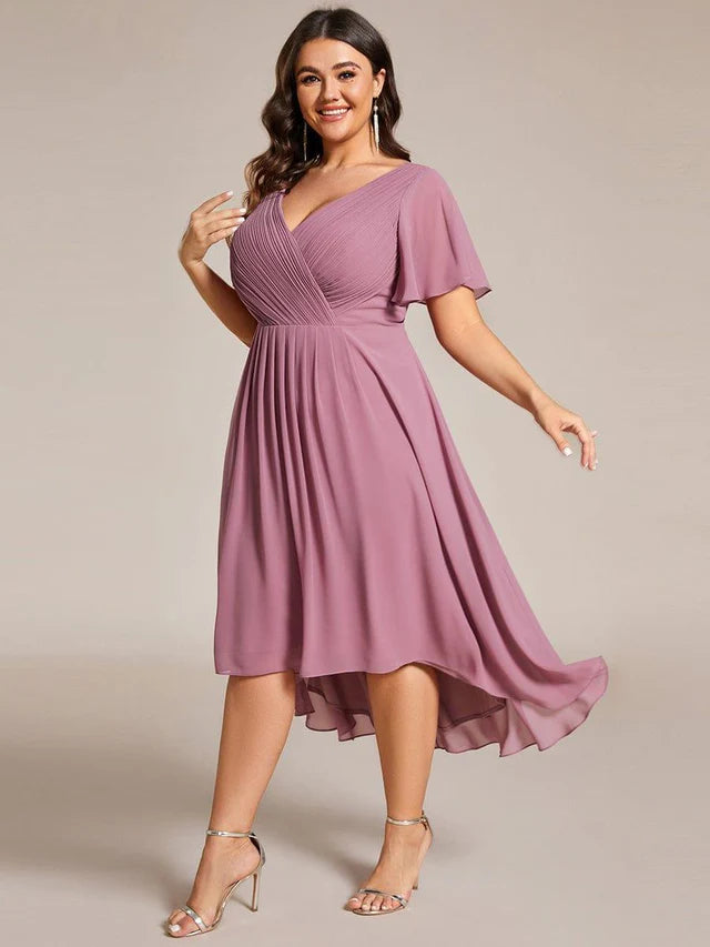 Plus Size Double V-Neck Chiffon Midi Wedding Guest Dress