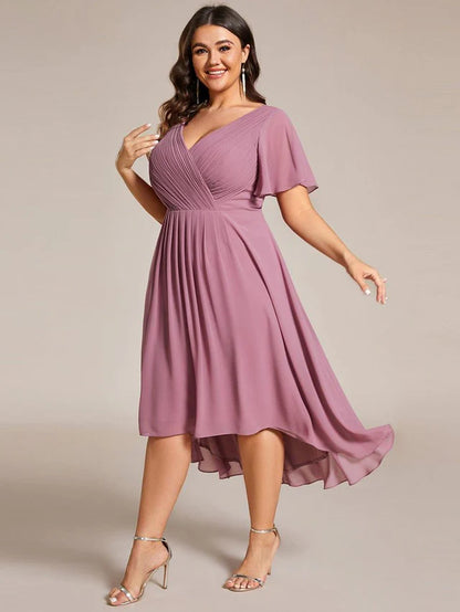 Plus Size Double V-Neck Chiffon Midi Wedding Guest Dress