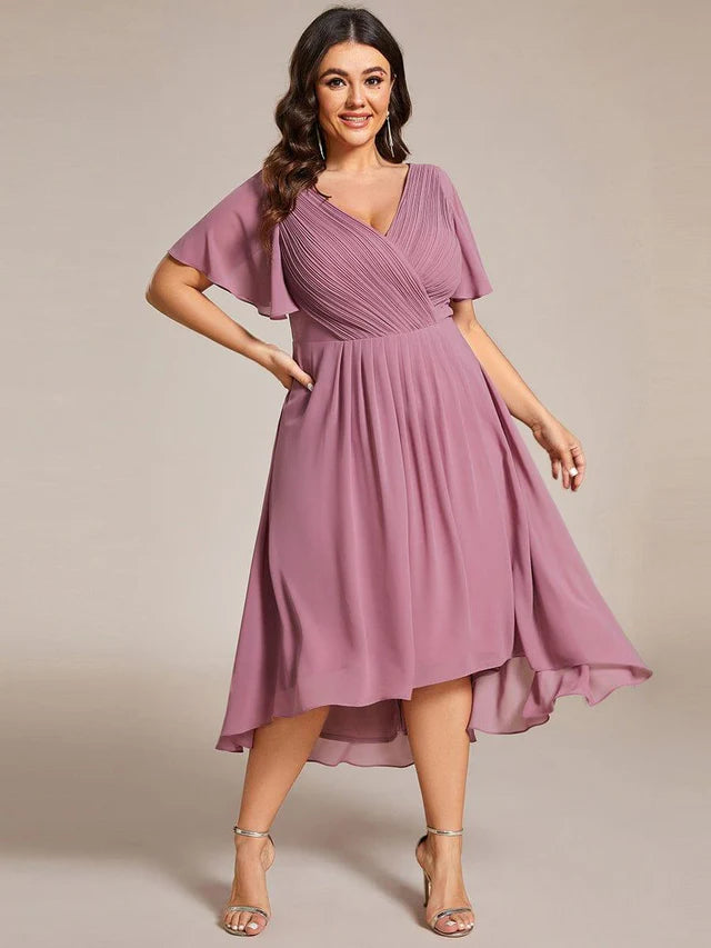 Plus Size Double V-Neck Chiffon Midi Wedding Guest Dress
