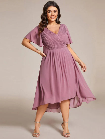 Plus Size Double V-Neck Chiffon Midi Wedding Guest Dress