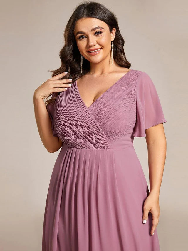Plus Size Double V-Neck Chiffon Midi Wedding Guest Dress