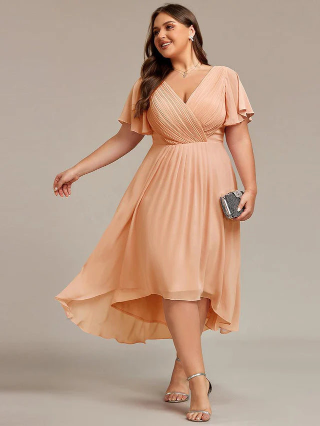 Plus Size Double V-Neck Chiffon Midi Wedding Guest Dress