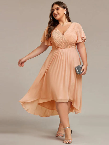 Plus Size Double V-Neck Chiffon Midi Wedding Guest Dress