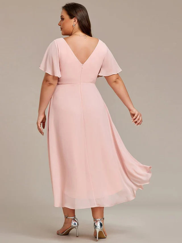 Plus Size Double V-Neck Chiffon Midi Wedding Guest Dress