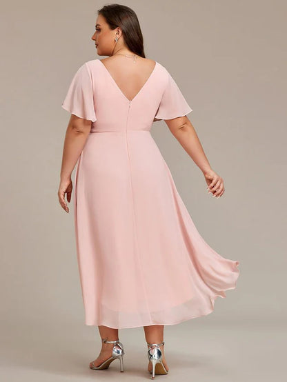 Plus Size Double V-Neck Chiffon Midi Wedding Guest Dress