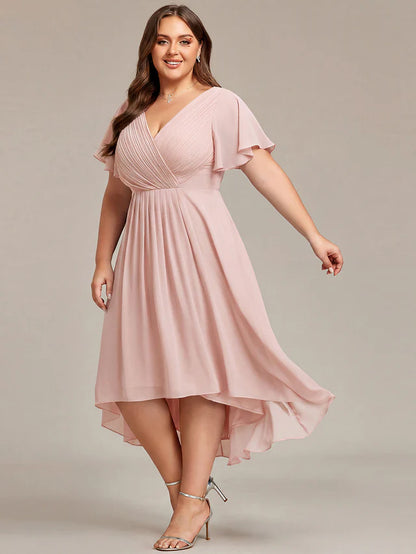 Plus Size Double V-Neck Chiffon Midi Wedding Guest Dress