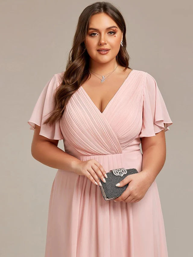 Plus Size Double V-Neck Chiffon Midi Wedding Guest Dress